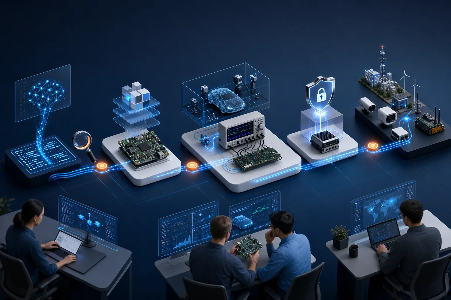 AI-assisted embedded DevOps pipeline linking code, testing, hardware, and deployment