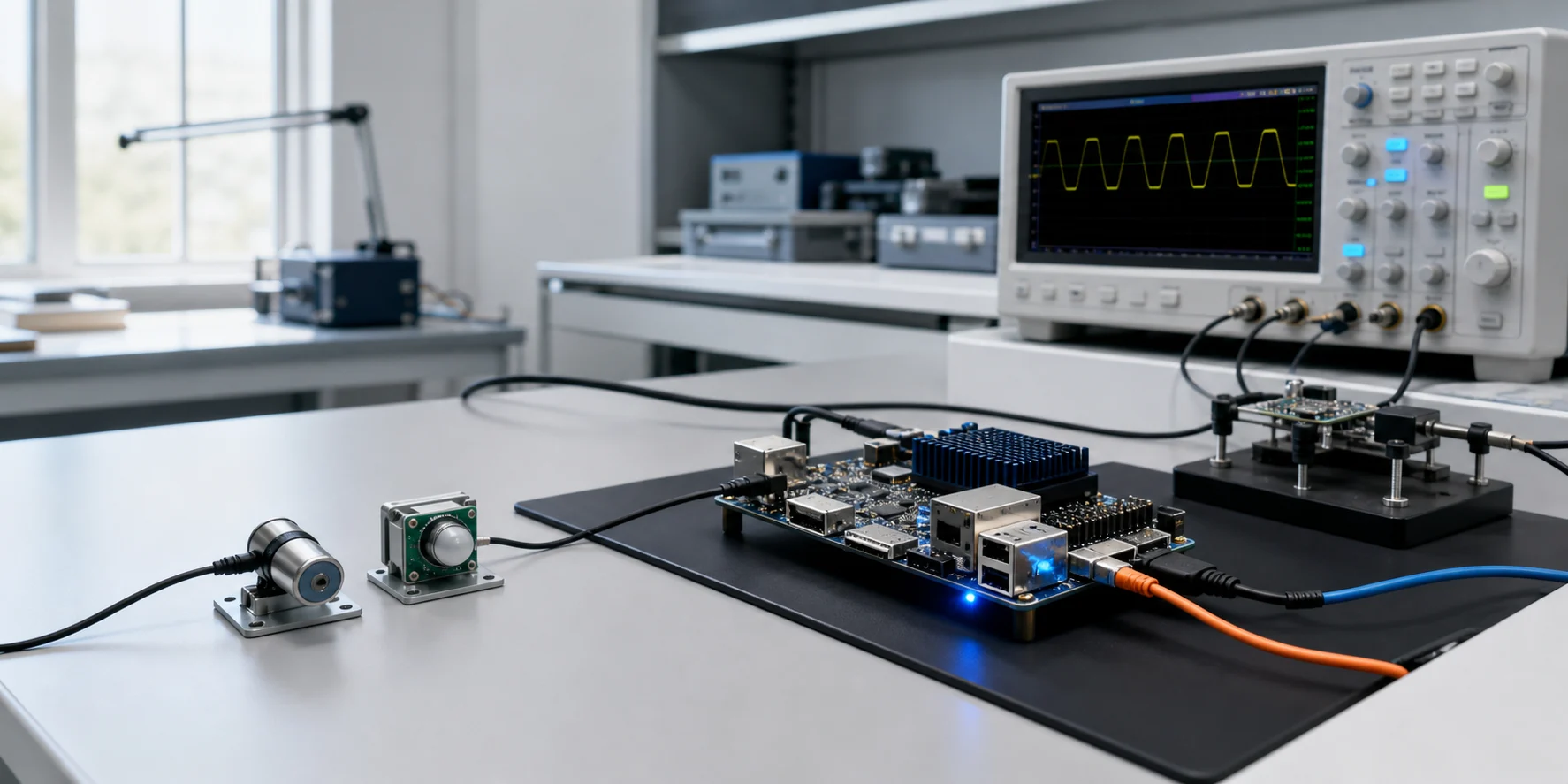 Embedded systems testbench with edge computer, sensors, and oscilloscope