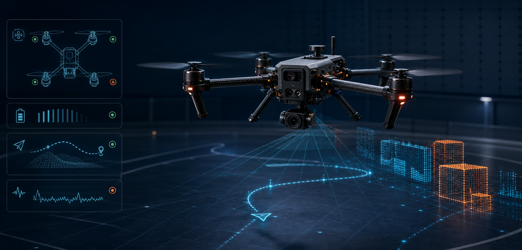 Unmanned aerial vehicle flying above a landscape